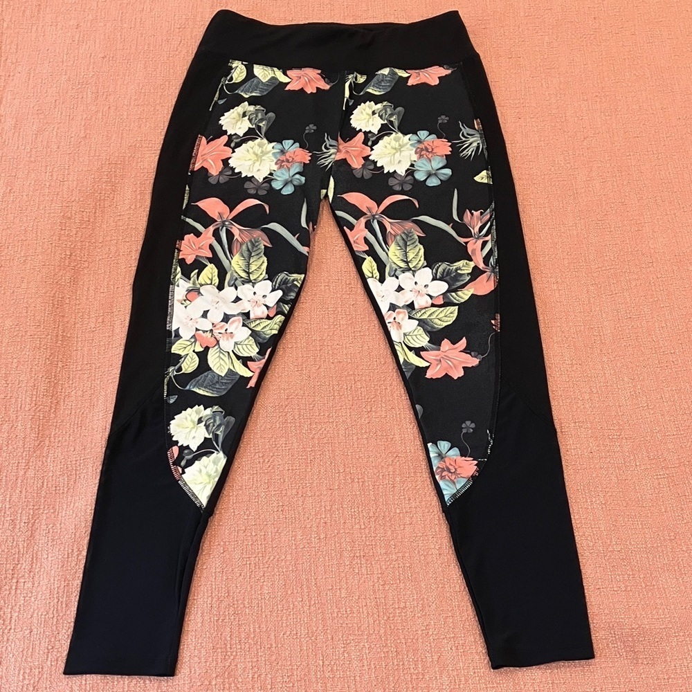 Balance Collection Black Floral Leggings with mesh at bottom
